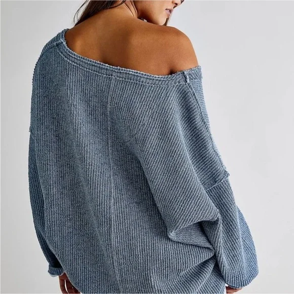 FREE PEOPLE Easy V Pullover Sweatshirt L Ribbed Oversized Slouchy Boho Beach - Picture 8 of 11